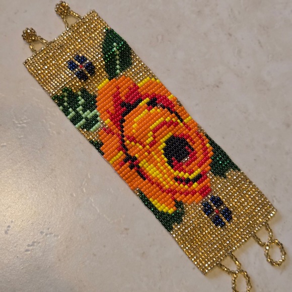 Handmade Jewelry - Handmade Beaded Floral Cuff Bracelet Gold Orange Rose Loom Woven Boho Statement